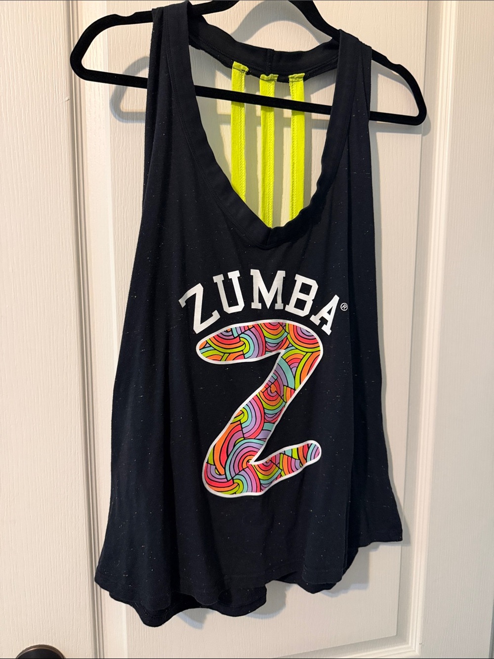 Zumba Fitness Black Tank Top with Neon Yellow Straps and Multicolor Logo